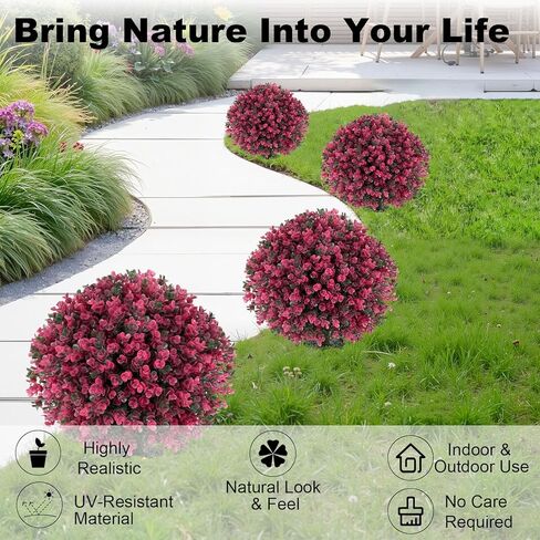 كرات توبياري من خشب البقس الاصطناعي - مجموعة من 2 شجيرة صناعية مقاومة للأشعة فوق البنفسجية مقاس 23 بوصة مع مسامير أرضية، ونباتات زخرفية صناعية دائمة الخضرة لحديقة فناء الشرفة الداخلية في الهواء الطلق in Kuwait