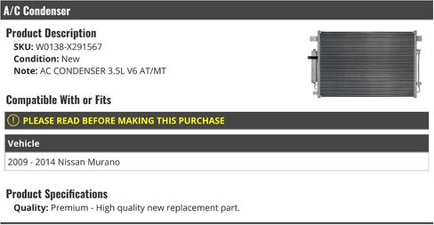 A/C Condenser - Compatible with 2009-2014 Nissan Murano 3.5L V6 in Saudi Arabia