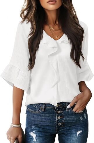 siliteelon Blouses for Women Dressy Casual 3/4 Sleeve Ruffle Bell Top Ladies Business Work Shirt Fashion Clothing Trendy in Kuwait