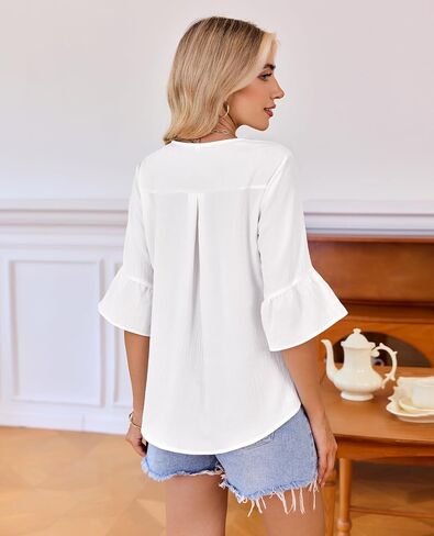 siliteelon Blouses for Women Dressy Casual 3/4 Sleeve Ruffle Bell Top Ladies Business Work Shirt Fashion Clothing Trendy in Kuwait