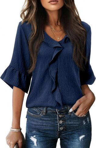 siliteelon Blouses for Women Dressy Casual 3/4 Sleeve Ruffle Bell Top Ladies Business Work Shirt Fashion Clothing Trendy in Kuwait