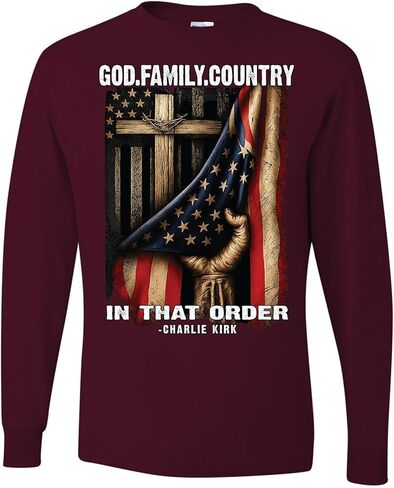 Charlie Kirk God Family Country in That Order USA Cross Flag Mens Long Sleeves in Saudi Arabia