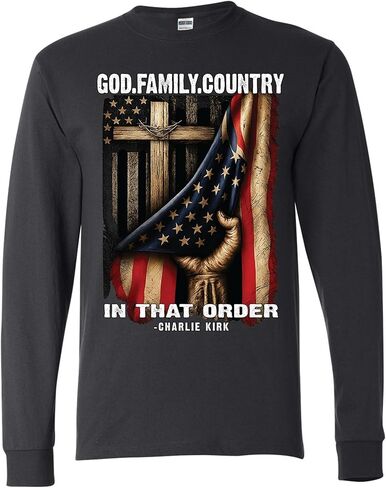 تشارلي كيرك God Family Country in That Order USA Cross Flag رجالي بأكمام طويلة in Kuwait