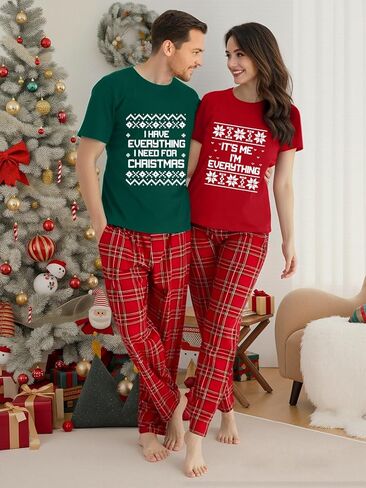 Christmas Couples Shirts His and Her Matching Xmas Outfits Sets Funny Christmas Family Pajamas Short Sleeve Tees Top in Kuwait