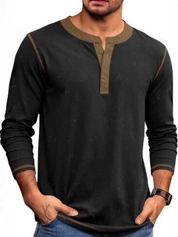 Yousify Mens Henley Shirt Long Sleeve Casual Cotton Basic T Shirts Button Washed Retro Lightweight Tee Tops in Saudi Arabia