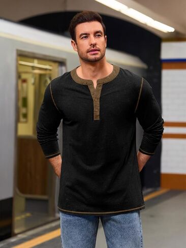 Yousify Mens Henley Shirt Long Sleeve Casual Cotton Basic T Shirts Button Washed Retro Lightweight Tee Tops in Saudi Arabia