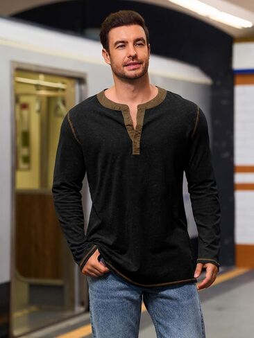 Yousify Mens Henley Shirt Long Sleeve Casual Cotton Basic T Shirts Button Washed Retro Lightweight Tee Tops in Saudi Arabia