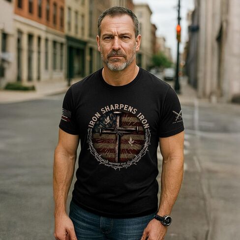 Iron Sharpens Iron T-Shirt Men, Christian Shirts for Men, Faith Shirt Mens, Cross Shirt, Bible Verse Shirts in Kuwait