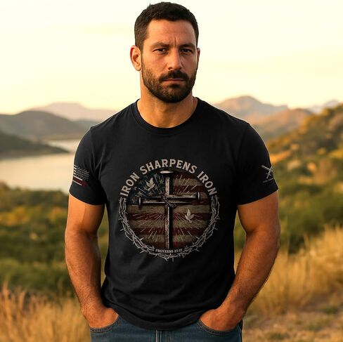 Iron Sharpens Iron T-Shirt Men, Christian Shirts for Men, Faith Shirt Mens, Cross Shirt, Bible Verse Shirts in Kuwait