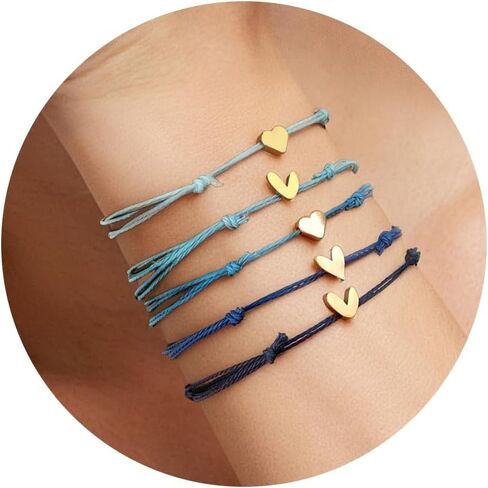 5 Pcs String Bracelets, Adjustable Heart Bracelet Bulk with Gold Heart Cord Blue gradient Bracelets for Women in Saudi Arabia
