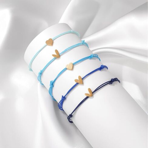5 Pcs String Bracelets, Adjustable Heart Bracelet Bulk with Gold Heart Cord Blue gradient Bracelets for Women in Saudi Arabia