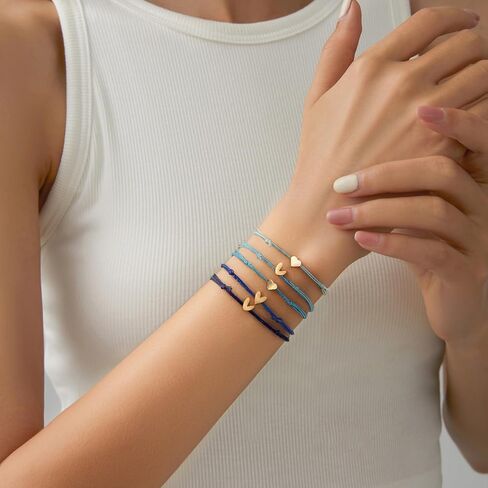5 Pcs String Bracelets, Adjustable Heart Bracelet Bulk with Gold Heart Cord Blue gradient Bracelets for Women in Saudi Arabia