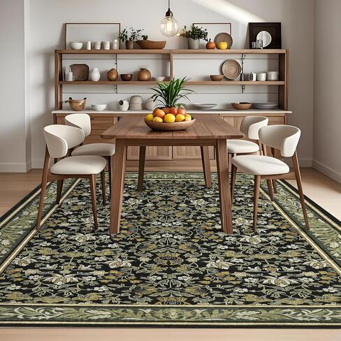 GarveeHome 5x7 Area Rugs Washable Rugs for Living Room, Boho Vintage Rug Non Slip Low Pile Stain Resistance Indoor Soft Large Carpet for Bedroom Dining Room Office, Green Black in Saudi Arabia