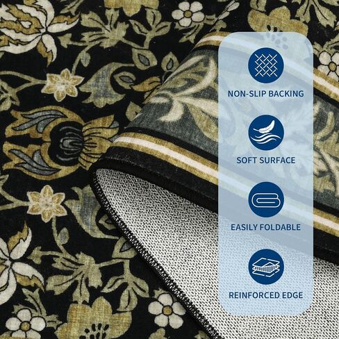 GarveeHome 5x7 Area Rugs Washable Rugs for Living Room, Boho Vintage Rug Non Slip Low Pile Stain Resistance Indoor Soft Large Carpet for Bedroom Dining Room Office, Green Black in Saudi Arabia