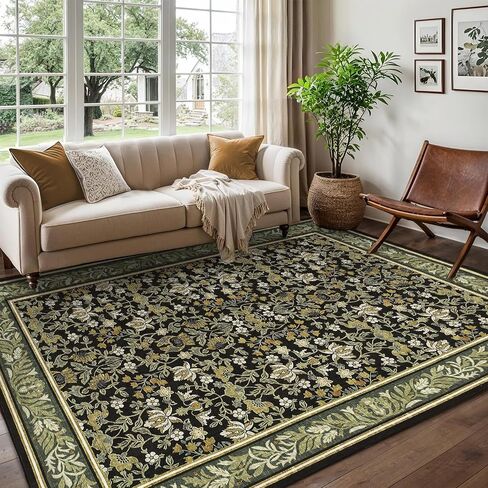 GarveeHome 5x7 Area Rugs Washable Rugs for Living Room, Boho Vintage Rug Non Slip Low Pile Stain Resistance Indoor Soft Large Carpet for Bedroom Dining Room Office, Green Black in Saudi Arabia