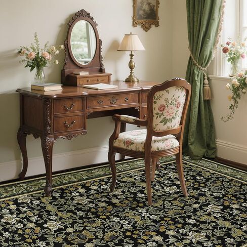 GarveeHome 5x7 Area Rugs Washable Rugs for Living Room, Boho Vintage Rug Non Slip Low Pile Stain Resistance Indoor Soft Large Carpet for Bedroom Dining Room Office, Green Black in Saudi Arabia