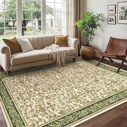 GarveeHome 5x7 Area Rugs Washable Rugs for Living Room, Boho Vintage Rug Non Slip Low Pile Stain Resistance Indoor Soft Large Carpet for Bedroom Dining Room Office, Green Black in Saudi Arabia