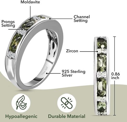 SHOP LC DELIVERING JOY Moldavite & White Zircon Half Eternity Ring in 925 Sterling Silver Wedding Bands for Women with Platinum Plating Promise Jewelry Birthday Gifts for Womens in Saudi Arabia