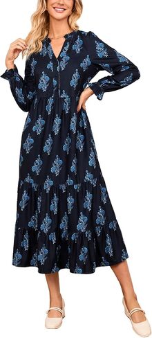 Women’s Corduroy Midi Dress Fall Winter Long Sleeve Ruffle V Neck Button Down Flowy Tiered Shirt Dresses with Pockets in Saudi Arabia