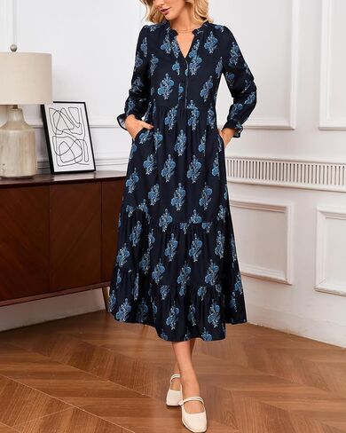 Women’s Corduroy Midi Dress Fall Winter Long Sleeve Ruffle V Neck Button Down Flowy Tiered Shirt Dresses with Pockets in Saudi Arabia