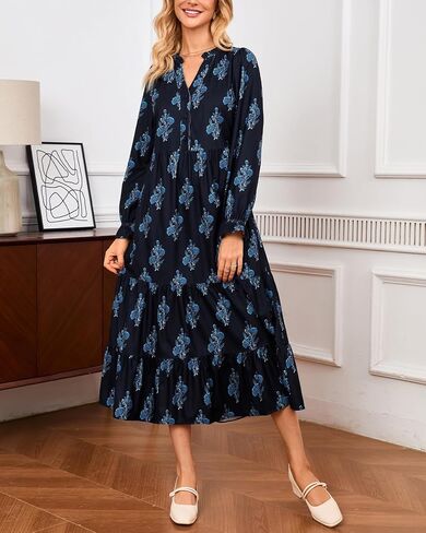 Women’s Corduroy Midi Dress Fall Winter Long Sleeve Ruffle V Neck Button Down Flowy Tiered Shirt Dresses with Pockets in Saudi Arabia