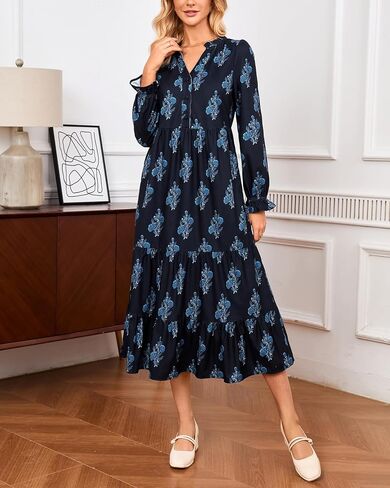 Women’s Corduroy Midi Dress Fall Winter Long Sleeve Ruffle V Neck Button Down Flowy Tiered Shirt Dresses with Pockets in Saudi Arabia