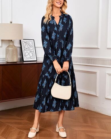 Women’s Corduroy Midi Dress Fall Winter Long Sleeve Ruffle V Neck Button Down Flowy Tiered Shirt Dresses with Pockets in Saudi Arabia