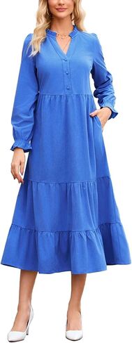 Women’s Corduroy Midi Dress Fall Winter Long Sleeve Ruffle V Neck Button Down Flowy Tiered Shirt Dresses with Pockets in Saudi Arabia