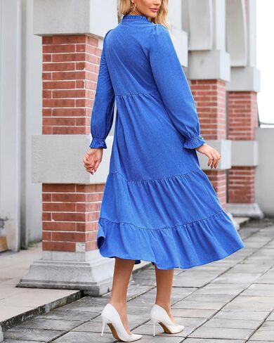 Women’s Corduroy Midi Dress Fall Winter Long Sleeve Ruffle V Neck Button Down Flowy Tiered Shirt Dresses with Pockets in Saudi Arabia
