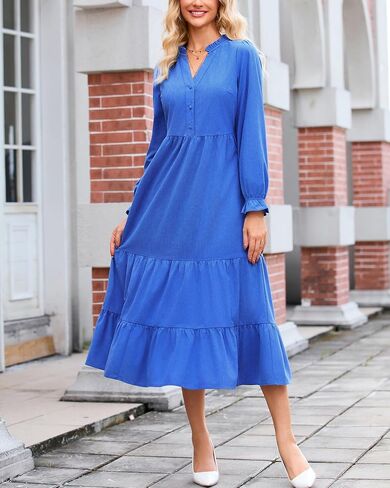 Women’s Corduroy Midi Dress Fall Winter Long Sleeve Ruffle V Neck Button Down Flowy Tiered Shirt Dresses with Pockets in Saudi Arabia