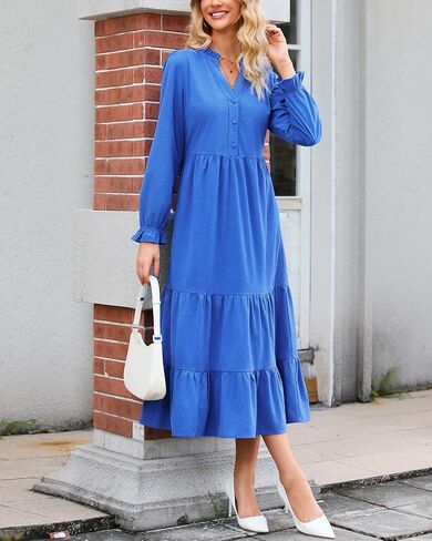 Women’s Corduroy Midi Dress Fall Winter Long Sleeve Ruffle V Neck Button Down Flowy Tiered Shirt Dresses with Pockets in Saudi Arabia