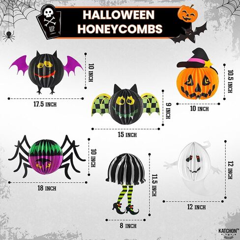 KatchOn, Hanging Halloween Decorations - Pack of 6 | Hanging Halloween Honeycombs for Halloween Ceiling Decorations | Halloween Hanging Bats, Pumpkin, Spider for Scary Halloween Decorations Indoor in Saudi Arabia