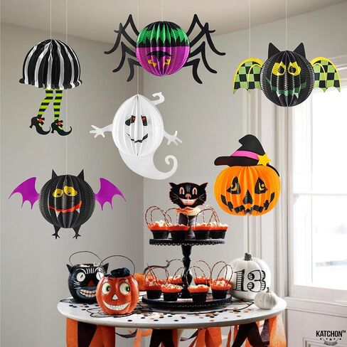 KatchOn, Hanging Halloween Decorations - Pack of 6 | Hanging Halloween Honeycombs for Halloween Ceiling Decorations | Halloween Hanging Bats, Pumpkin, Spider for Scary Halloween Decorations Indoor in Saudi Arabia