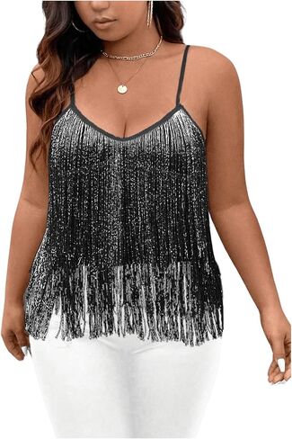 SHENHE Women's Plus Size Sequin Fringed Asymmetrical Cami Top Loose Party Club Top in Saudi Arabia