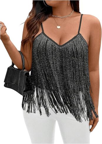 SHENHE Women's Plus Size Sequin Fringed Asymmetrical Cami Top Loose Party Club Top in Saudi Arabia