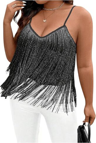 SHENHE Women's Plus Size Sequin Fringed Asymmetrical Cami Top Loose Party Club Top in Saudi Arabia