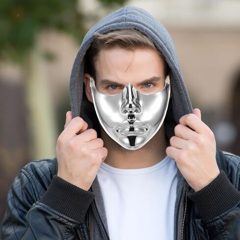 قناع تنكر فضي نصف وجه، قناع وجه بلاستيكي، قناع وجه بلاستيكي ميكانيكي، قناع وجه مستقبلي لحفلات الهالوين والمهرجانات الموسيقية، النساء والرجال، جماليات in Saudi Arabia