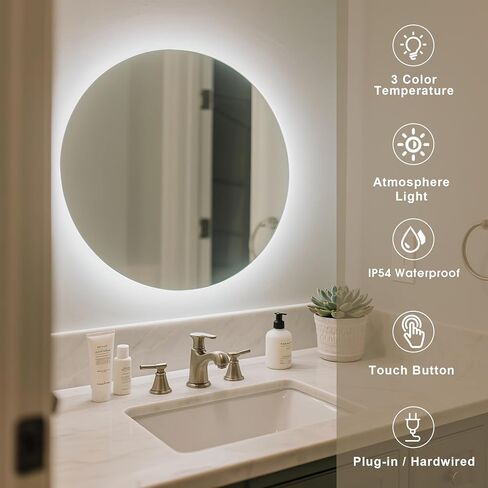 مرآة حمام LED مستديرة مقاس 20 بوصة مع أضواء، مرآة زينة مضاءة للجدار، قابلة للتعتيم ودرجة حرارة 3 ألوان 3000K/4000K/6000K بإضاءة خلفية، IP54 مقاومة للماء in Saudi Arabia