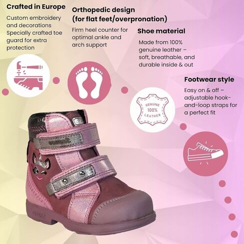 Kids Girls’ Genuine Leather Orthopedic Boots – Arch Support Shoes with Corrective Support for Flat Feet & Overpronation, Stable Ankle Support, Adjustable Straps, Pink Glitter Unicorn Design in Saudi Arabia