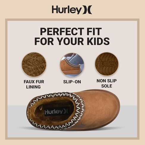 Hurley Kids Modi Slippers - Indoor and Outdoor Slip-On Shoes for Boys and Girls, Durable Clogs With Faux Fur Fleece Lining - Warm Winter House Slippers in Saudi Arabia