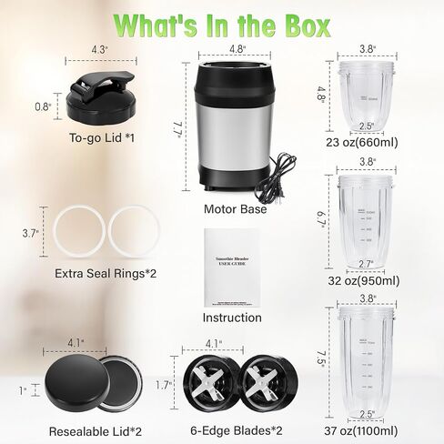 Nahida Blender for Smoothies, 1200W Smoothie Blender for Ice Crushing, Blenders with (2) 6-Fin Blades, Personal Blenders for Kitchen with 23oz, 32oz, 37oz Easy Go Cups for Juices, Silver in Kuwait