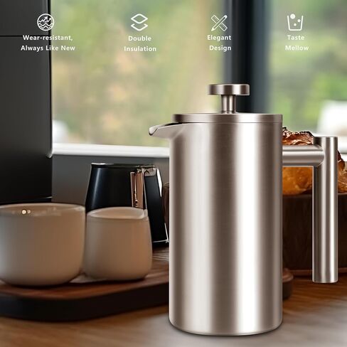 34 OZ Large French Press, Premium Stainless Steel Sturdy Insulated French Press Coffee Maker, 4-8 Cups French Coffee Press, Tea Presses for Home Kitchen Caming Loose Tea, Elegant Black in Saudi Arabia