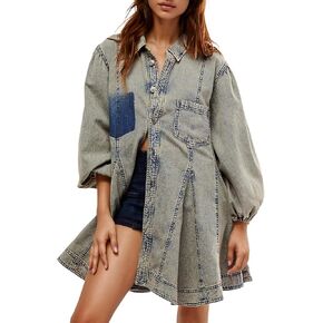 Gozoloma Women's Denim Dress Long Balloon Sleeves Button Down A Line Swing Ruffle Jean Mini Babydoll Dress with Chest Pocket in Kuwait
