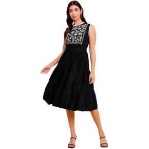 Women's Black Poplin Embroidered Yoke Fit & Flare Dress - Elegant Design,Summer Casual Wear- Ideal for Parties in Kuwait