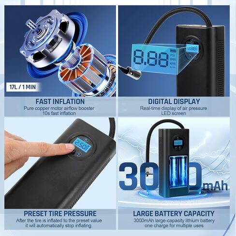 ضاغط هواء محمول لنفخ الإطارات، مضخة هواء لاسلكية لإطارات السيارات، مضخة إطار دراجة كهربائية للدراجات النارية، الكرة، الدراجة in Kuwait
