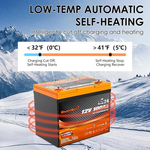Enjoybot 12V 100Ah بطارية ليثيوم LiFePO4 ذاتية التسخين، مجموعة 24 بطارية ليثيوم مدمجة 100A BMS وبلوتوث، حماية منخفضة الحرارة، تيار الذروة 350A مثالي لمحرك التصيد في عربة الجولف (4 عبوات) in Saudi Arabia