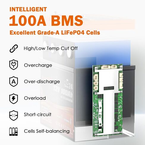 Enjoybot 12V 100Ah بطارية ليثيوم LiFePO4 ذاتية التسخين، مجموعة 24 بطارية ليثيوم مدمجة 100A BMS وبلوتوث، حماية منخفضة الحرارة، تيار الذروة 350A مثالي لمحرك التصيد في عربة الجولف (4 عبوات) in Saudi Arabia