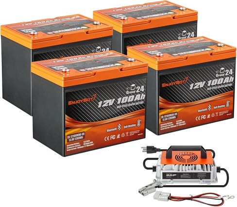 Enjoybot 12V 100Ah بطارية ليثيوم LiFePO4 ذاتية التسخين، مجموعة 24 بطارية ليثيوم مدمجة 100A BMS وبلوتوث، حماية منخفضة الحرارة، تيار الذروة 350A مثالي لمحرك التصيد في عربة الجولف (4 عبوات) in Saudi Arabia