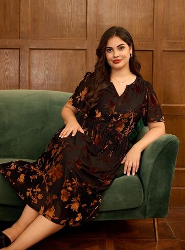 CARCOS Plus Size Velvet Dresses for Curvy Women Short Sleeve Cocktail Dresses Winter Party Formal Dress with Pocket XL-5XL in Saudi Arabia