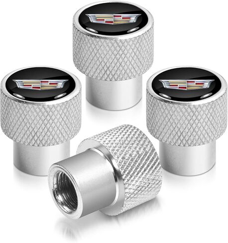 for Cadillac Crest Logo in White on Shining Silver Easy-Grip Aluminum Tire Valve Stem Caps - Official Licensed in Saudi Arabia